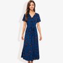 Blue Large Short Sleeve V-Neck Leopard Print Maxi Dress with Waist Tie