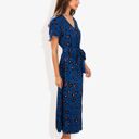 Blue Large Short Sleeve V-Neck Leopard Print Maxi Dress with Waist Tie