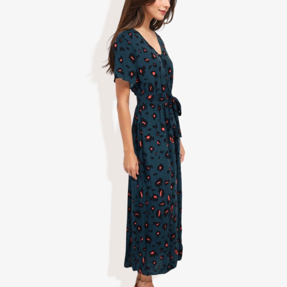 Short Sleeve V-Neck Leopard Print Maxi Dress with Waist Tie