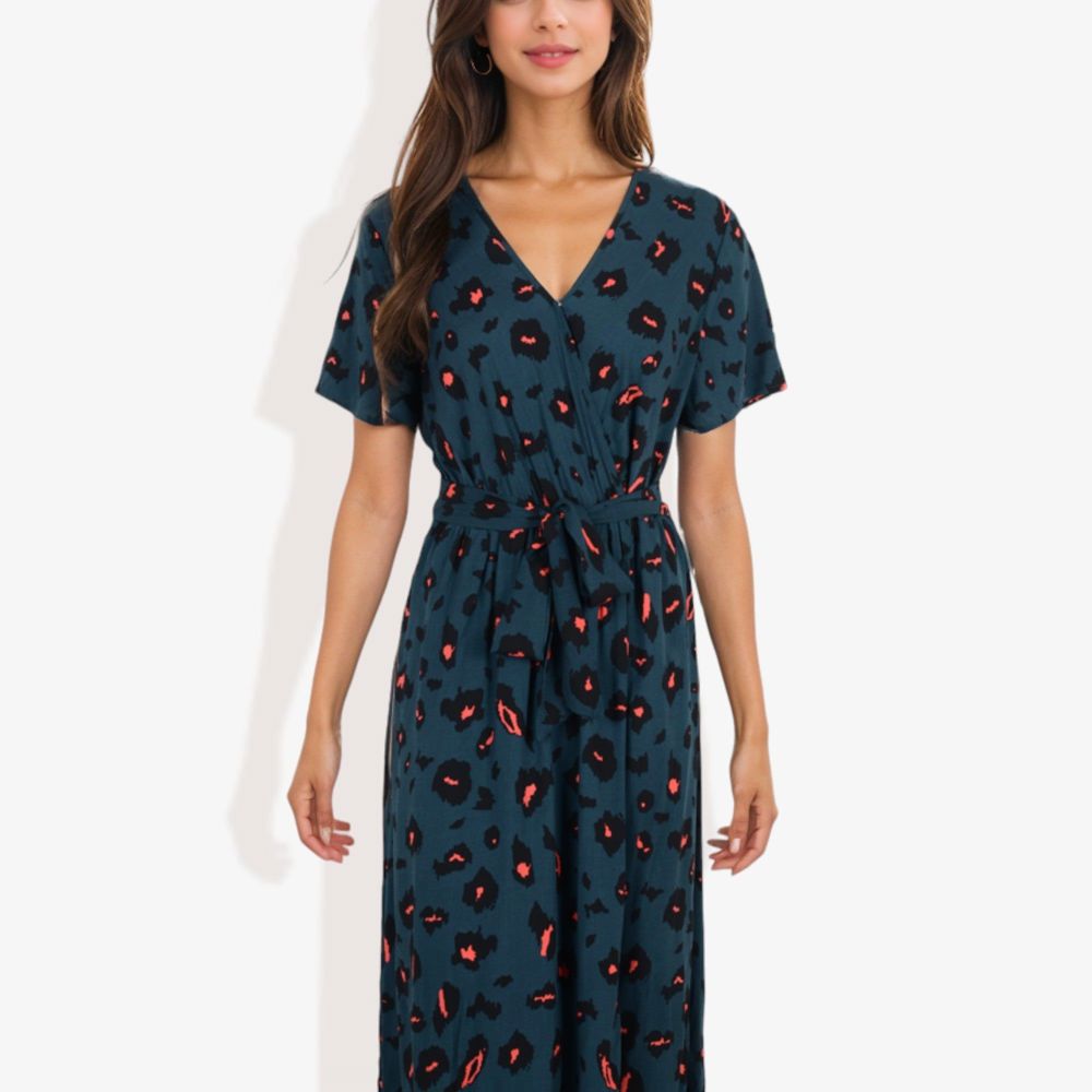 Short Sleeve V-Neck Leopard Print Maxi Dress with Waist Tie