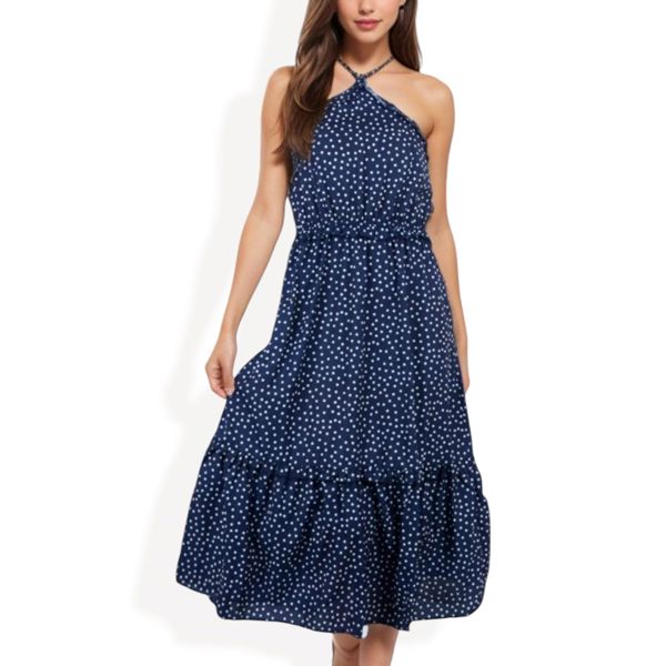 Polka Dot Halter Neck Tiered Midi Dress with Elastic Waist