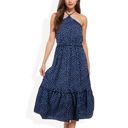  Polka Dot Halter Neck Tiered Midi Dress with Elastic Waist