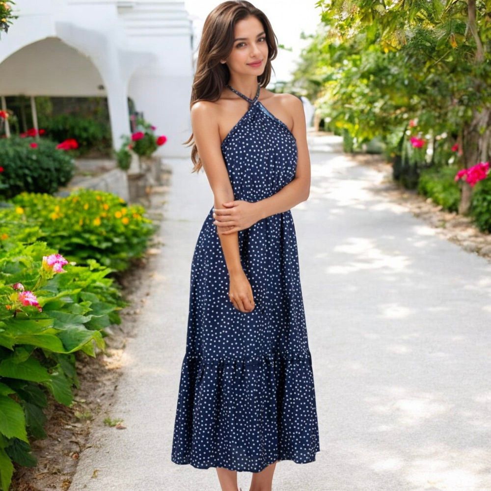 Polka Dot Halter Neck Tiered Midi Dress with Elastic Waist