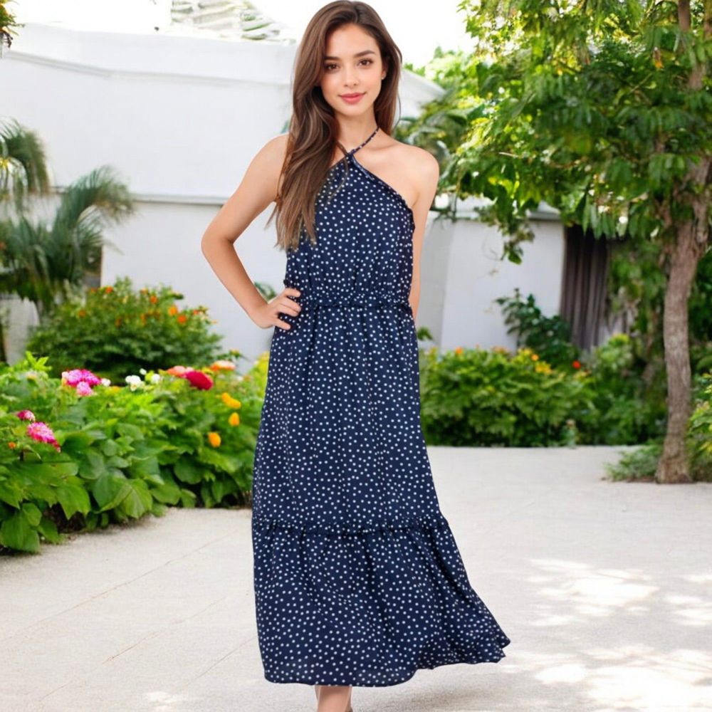 Polka Dot Halter Neck Tiered Midi Dress with Elastic Waist