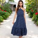 Blue Medium Polka Dot Halter Neck Tiered Midi Dress with Elastic Waist