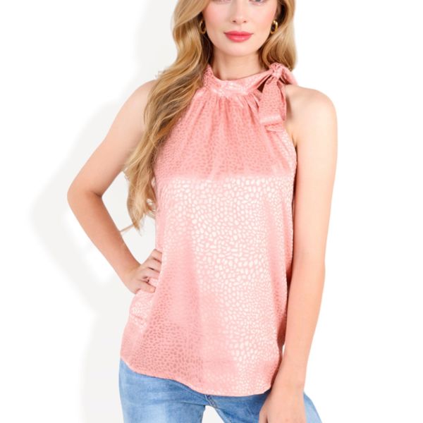 Sleeveless Satin Blouse with Bow Tie Neck and Animal Print