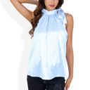 Blue Large Sleeveless Satin Blouse with Bow Tie Neck and Animal Print