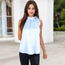 Blue Medium Sleeveless Satin Blouse with Bow Tie Neck and Animal Print