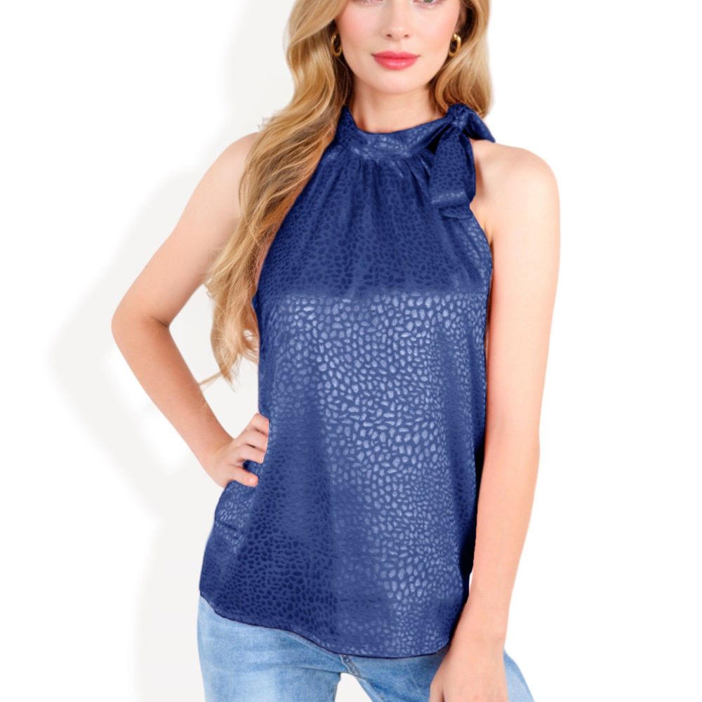 Sleeveless Satin Blouse with Bow Tie Neck and Animal Print