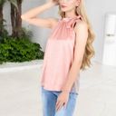 Pink Large Sleeveless Satin Blouse with Bow Tie Neck and Animal Print