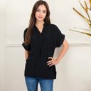 Black Large V-Neck Short Sleeve Blouse with Subtle Plaid Texture