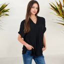 Black Large V-Neck Short Sleeve Blouse with Subtle Plaid Texture