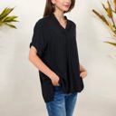 Black Large V-Neck Short Sleeve Blouse with Subtle Plaid Texture