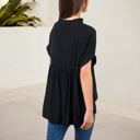 Black Large V-Neck Short Sleeve Blouse with Subtle Plaid Texture