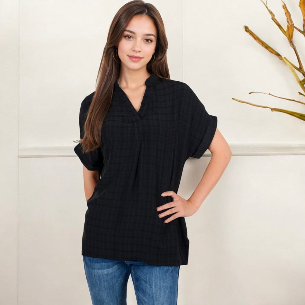 V-Neck Short Sleeve Blouse with Subtle Plaid Texture