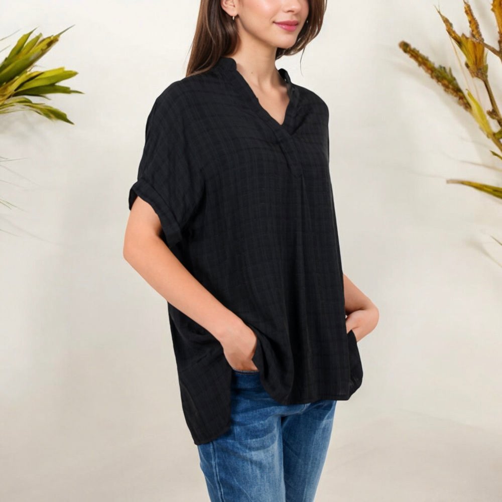 V-Neck Short Sleeve Blouse with Subtle Plaid Texture