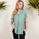 Green Large V-Neck Short Sleeve Blouse with Subtle Plaid Texture