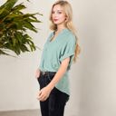 Green Large V-Neck Short Sleeve Blouse with Subtle Plaid Texture