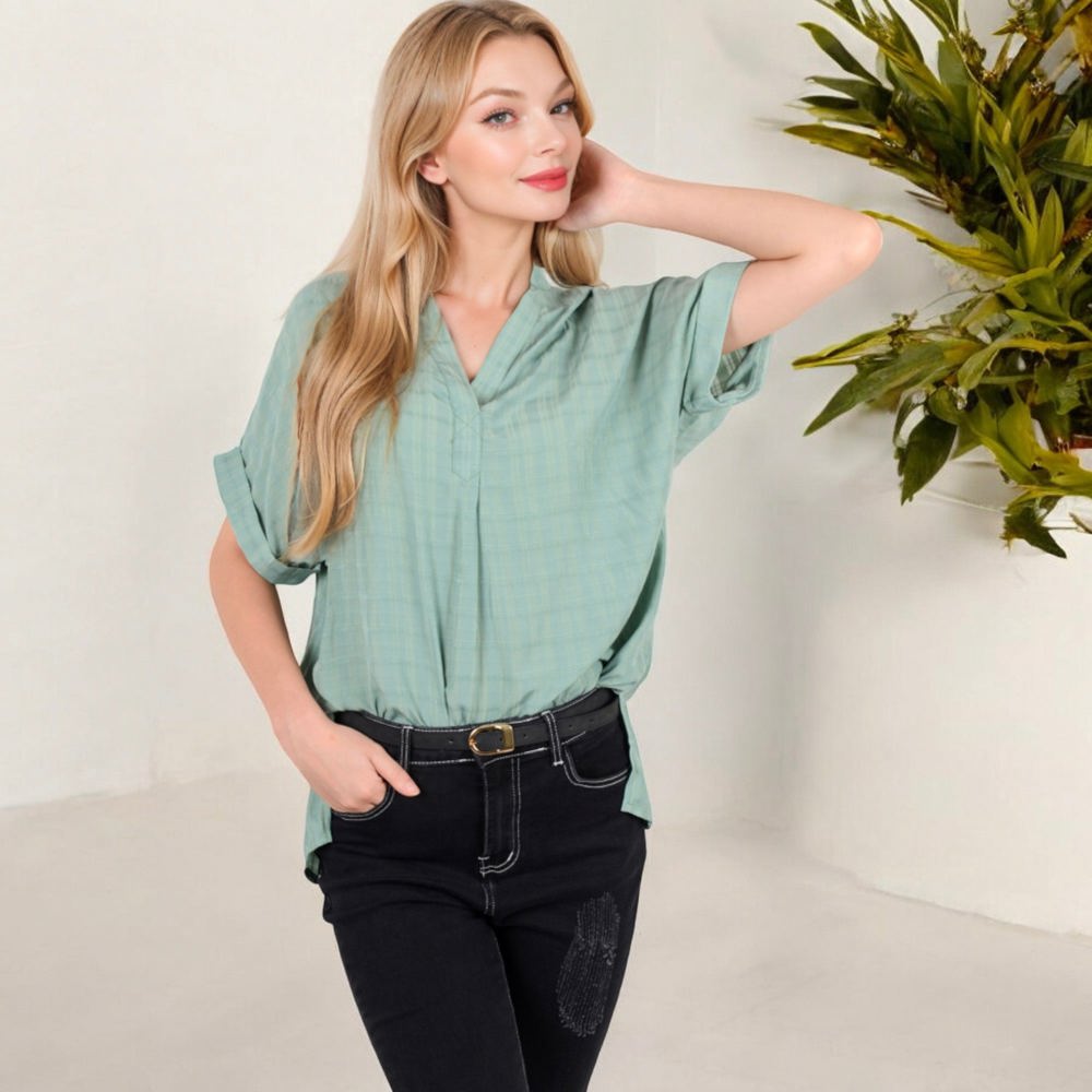 V-Neck Short Sleeve Blouse with Subtle Plaid Texture