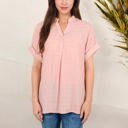 Pink Large V-Neck Short Sleeve Blouse with Subtle Plaid Texture