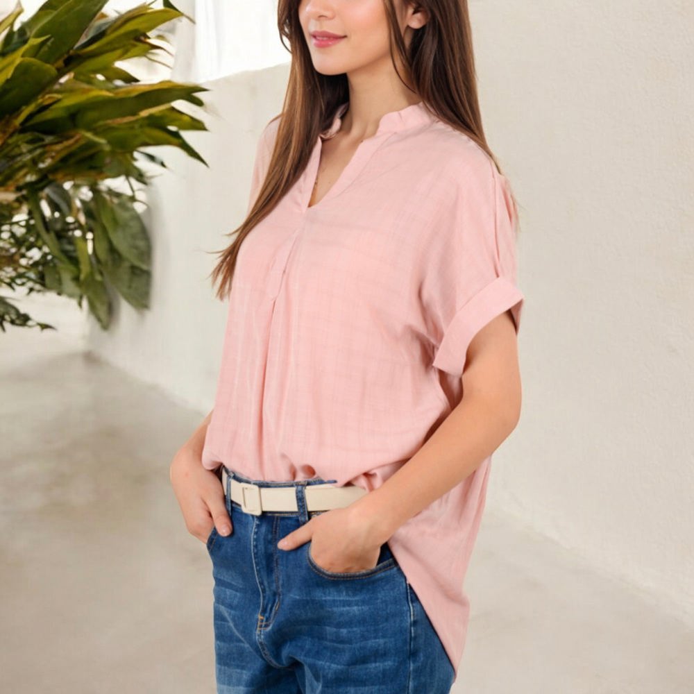 V-Neck Short Sleeve Blouse with Subtle Plaid Texture