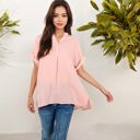 Pink Large V-Neck Short Sleeve Blouse with Subtle Plaid Texture