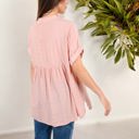 Pink Large V-Neck Short Sleeve Blouse with Subtle Plaid Texture