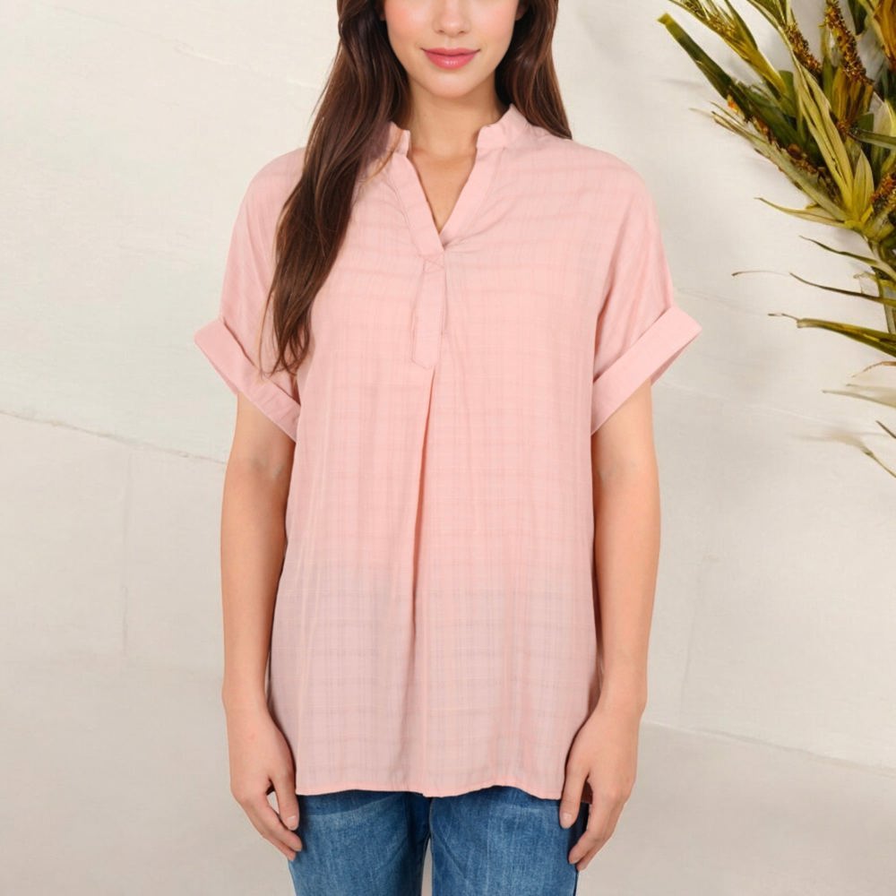 V-Neck Short Sleeve Blouse with Subtle Plaid Texture