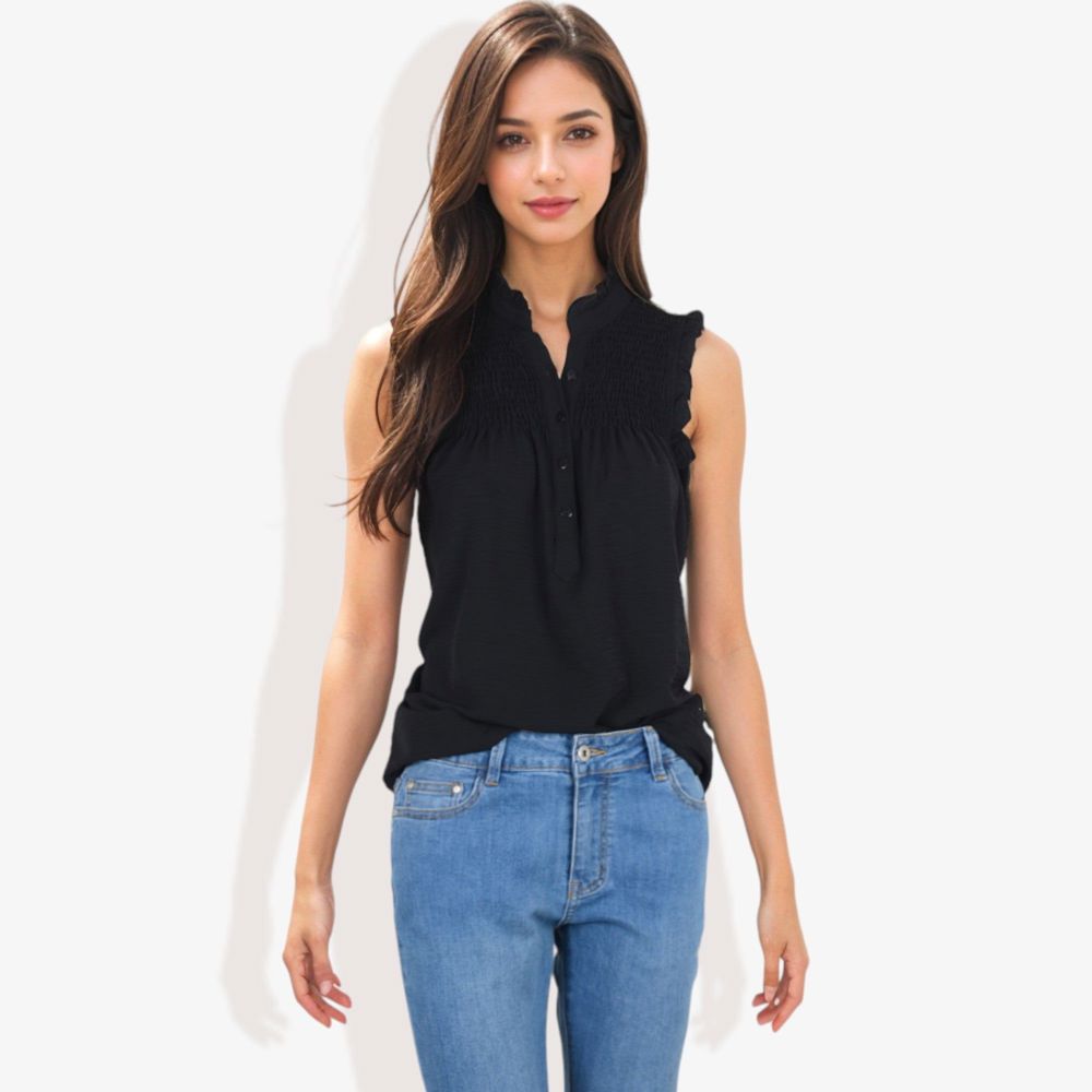 Sleeveless Button-Down Top with Smocked Detail and Ruffle Trim Casual Summer Blouse