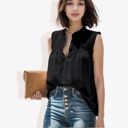 Black Large Sleeveless Button-Down Top with Smocked Detail and Ruffle Trim Casual Summer Blouse