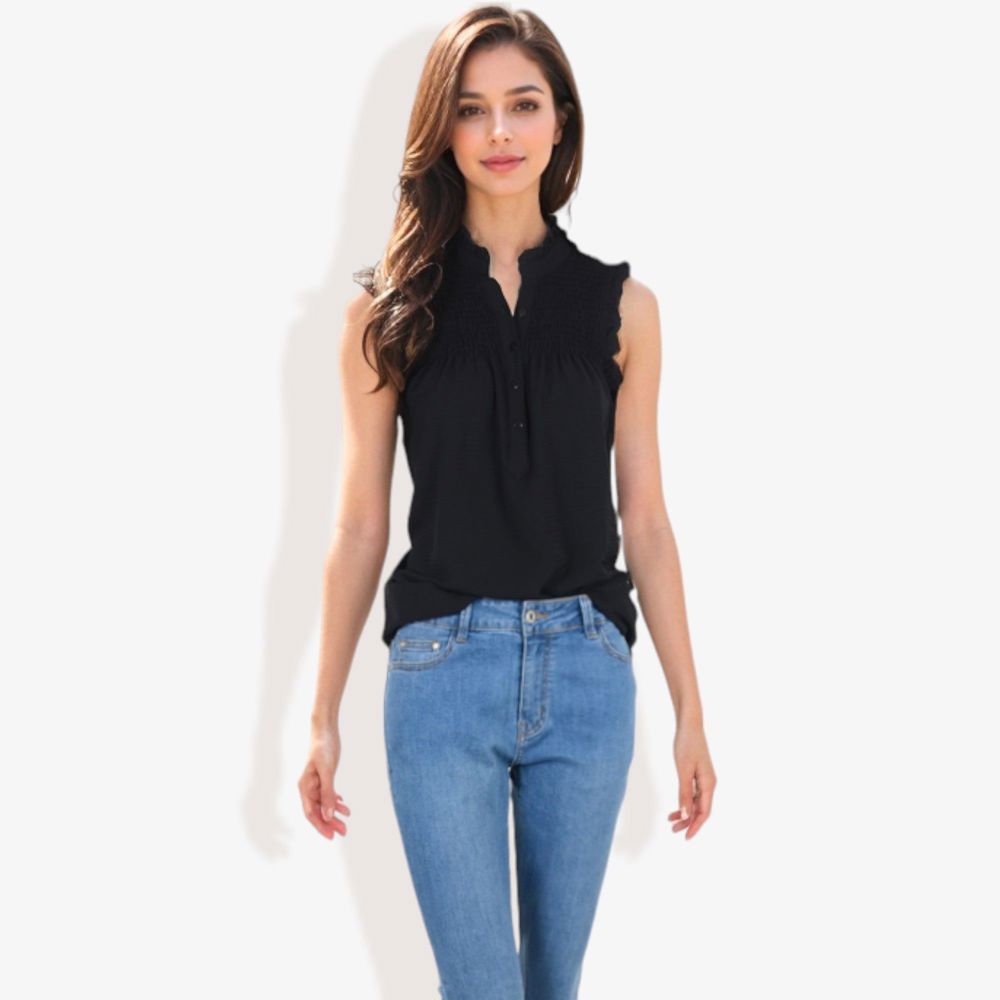 Sleeveless Button-Down Top with Smocked Detail and Ruffle Trim Casual Summer Blouse