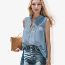 Blue Large Sleeveless Button-Down Top with Smocked Detail and Ruffle Trim Casual Summer Blouse