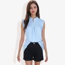 Blue Large Sleeveless Button-Down Top with Smocked Detail and Ruffle Trim Casual Summer Blouse