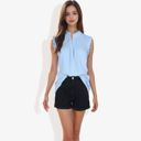 Blue Large Sleeveless Button-Down Top with Smocked Detail and Ruffle Trim Casual Summer Blouse