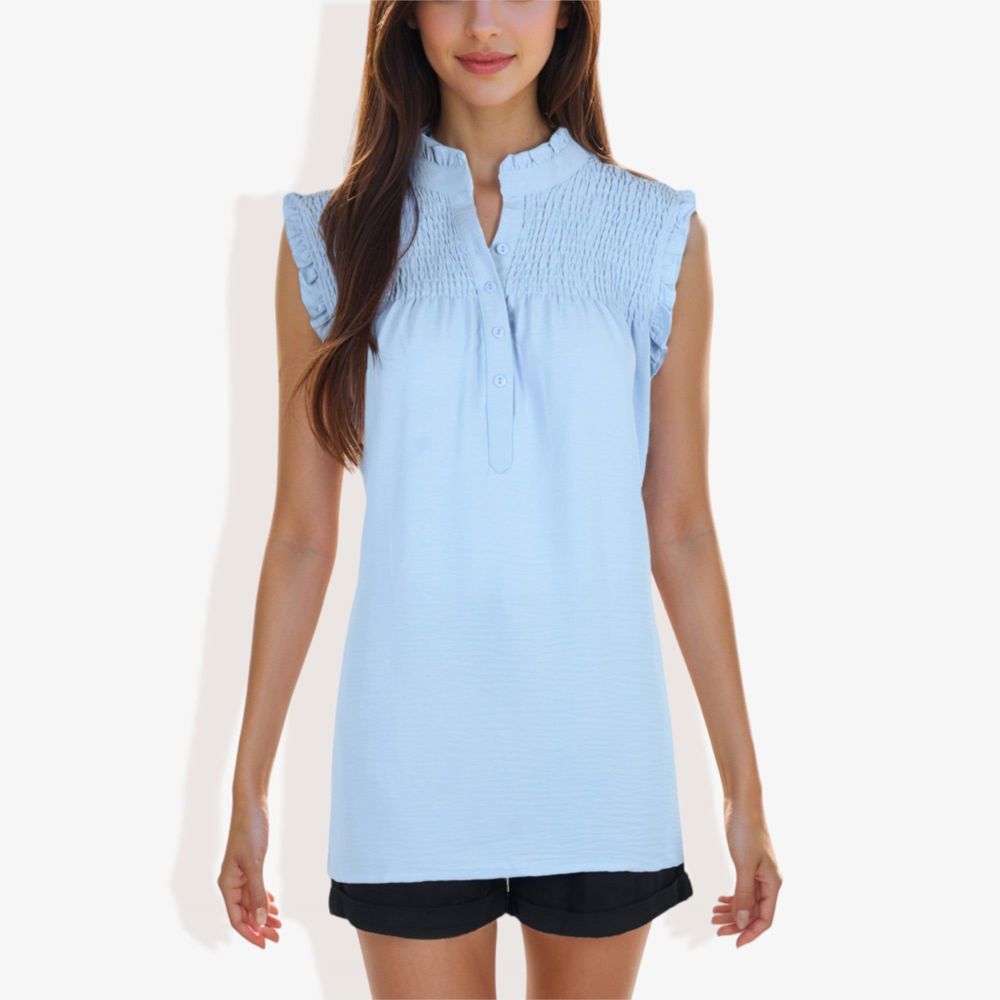 Sleeveless Button-Down Top with Smocked Detail and Ruffle Trim Casual Summer Blouse