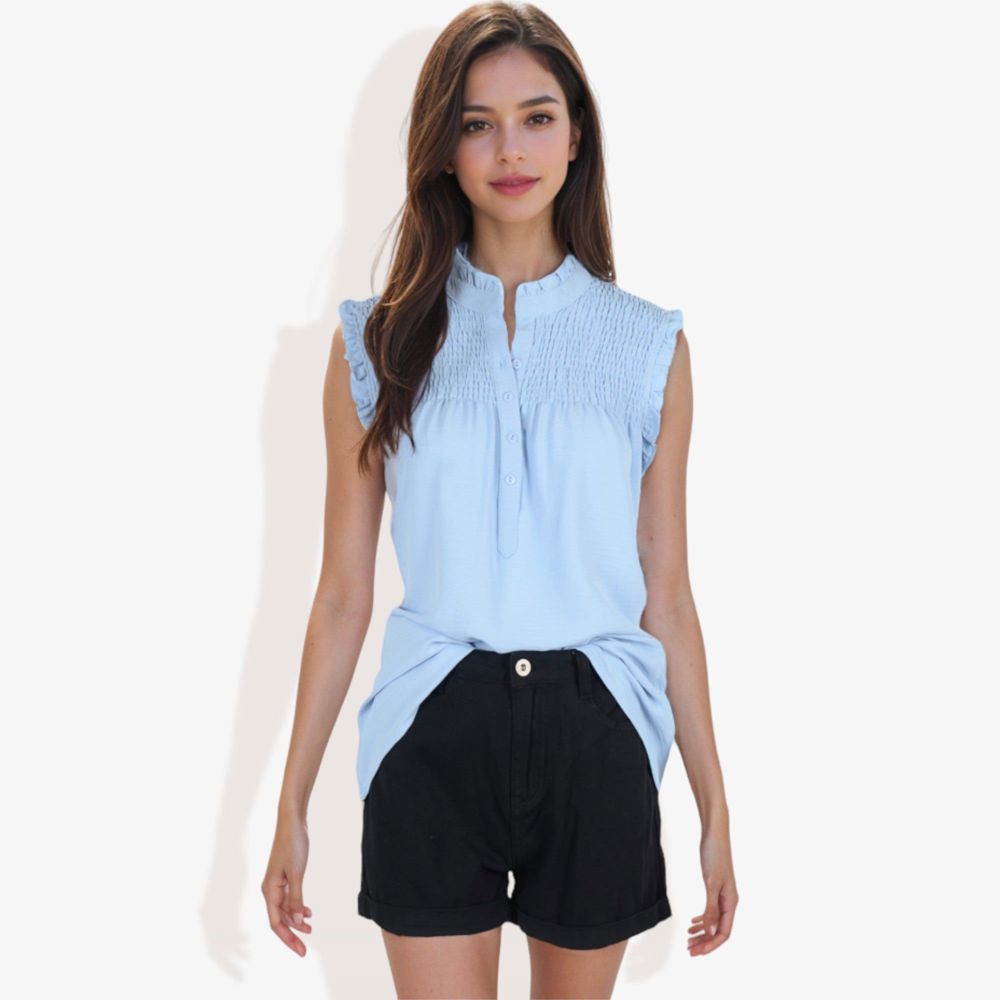 Sleeveless Button-Down Top with Smocked Detail and Ruffle Trim Casual Summer Blouse