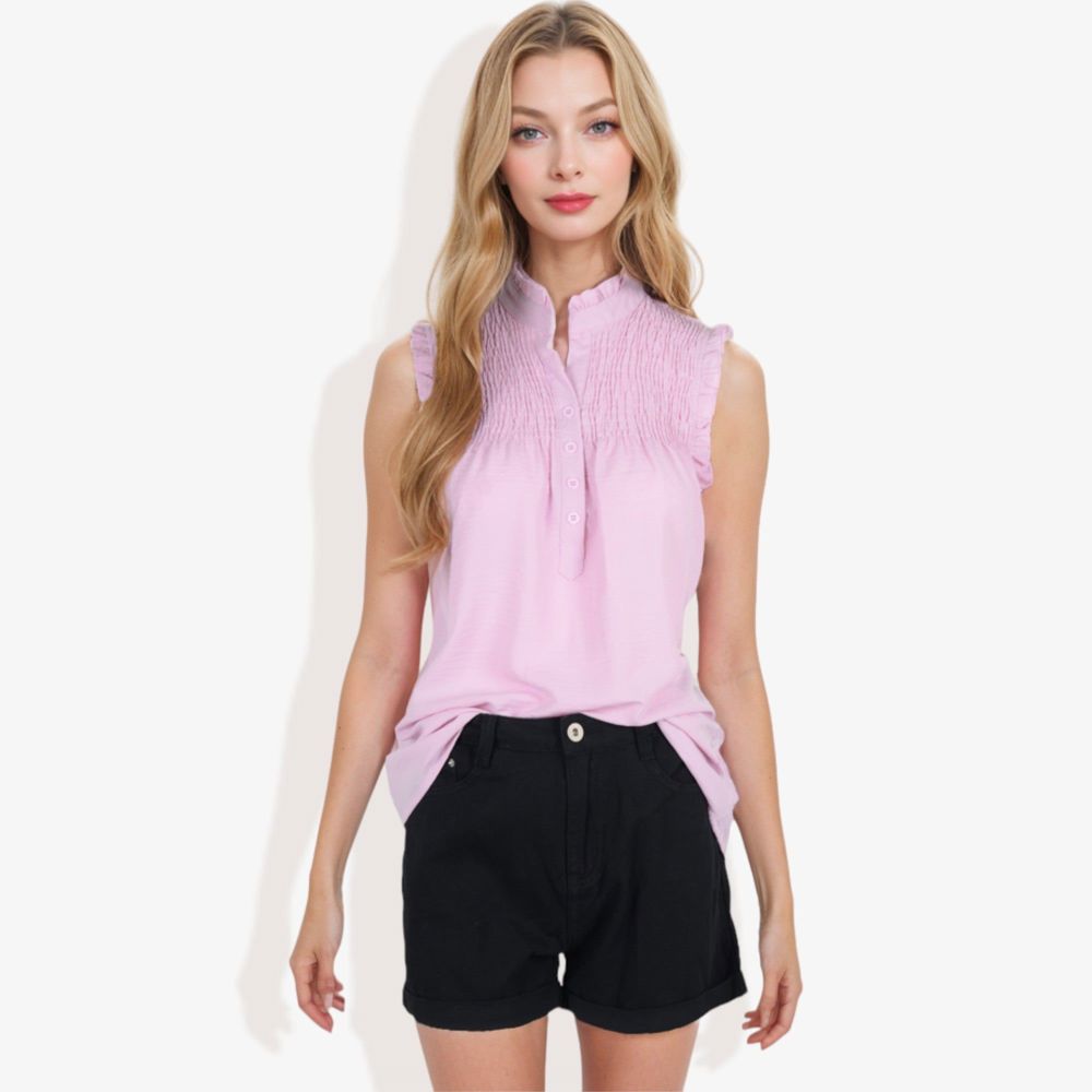 Sleeveless Button-Down Top with Smocked Detail and Ruffle Trim Casual Summer Blouse