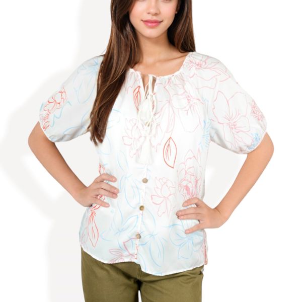 Floral Print Short Sleeve Blouse with Tassel Tie Neckline Relaxed Fit Casual Top