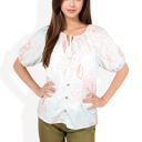  Floral Print Short Sleeve Blouse with Tassel Tie Neckline Relaxed Fit Casual Top