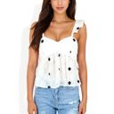 White Large Swiss Dot Sleeveless Babydoll Top with Ruffle Strap and Embroidered Polka Dots