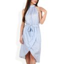 Blue Large High Neck Sleeveless Wrap Dress with Tie Waist and Subtle Leopard Print