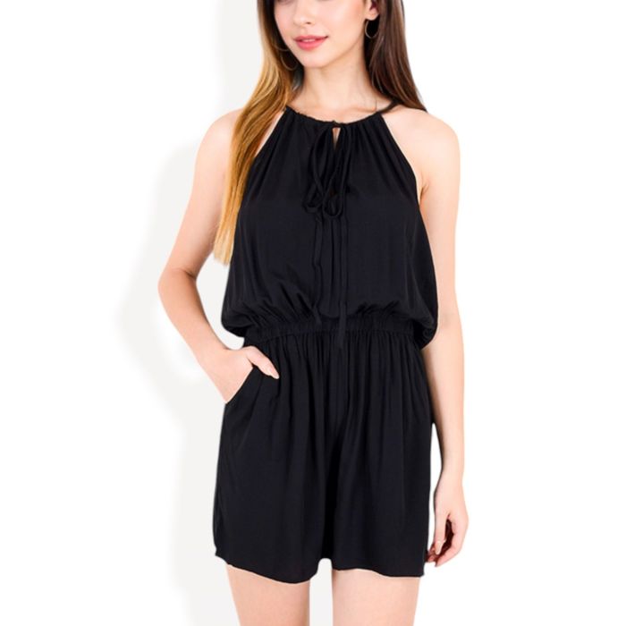 Sleeveless Drawstring Neck Romper with Elastic Waistband