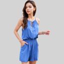 Blue XL Women's Sleeveless Drawstring Neck Romper with Elastic Waistband