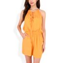 Orange Large Sleeveless Drawstring Neck Romper with Elastic Waistband