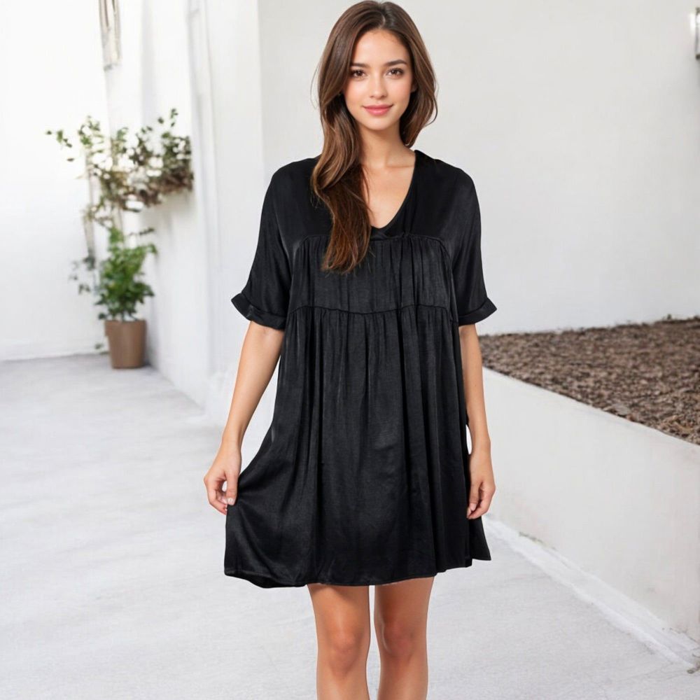 V-Neck Short Sleeve Babydoll Dress with Flowing Silhouette