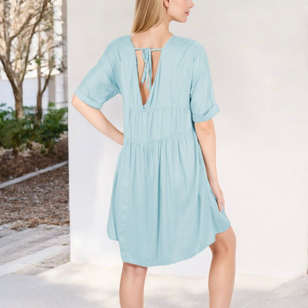 V-Neck Short Sleeve Babydoll Dress with Flowing Silhouette