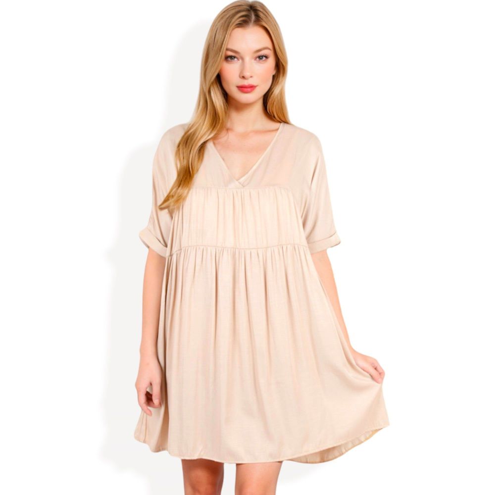 V-Neck Short Sleeve Babydoll Dress with Flowing Silhouette