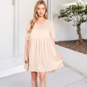 Beige Large V-Neck Short Sleeve Babydoll Dress with Flowing Silhouette