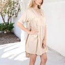 Beige Large V-Neck Short Sleeve Babydoll Dress with Flowing Silhouette