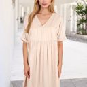 Beige Medium V-Neck Short Sleeve Babydoll Dress with Flowing Silhouette